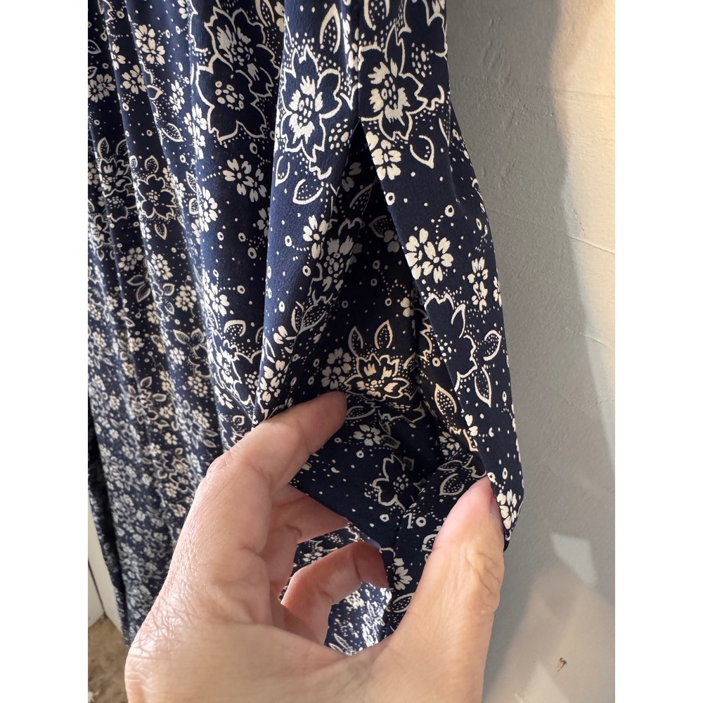 Vintage Norm Thompson Dress Size 10 100% Silk Navy Blue Floral Midi Short Sleeve - Picture 5 of 11